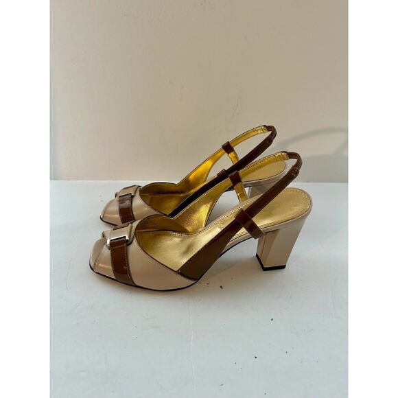 Tahari Leather Open Toe Slingback Sandal Chunky Heels, Beige/Brown, size 7 - Picture 5 of 6